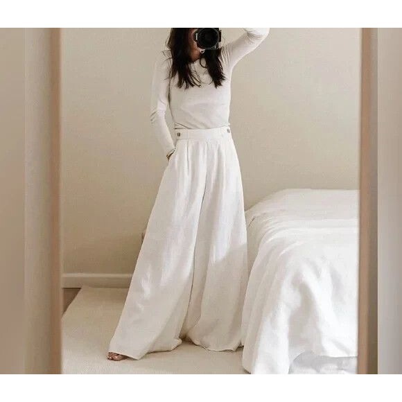 Banana Republic Pants - Banana Republic Lina Linen High Rise Pants Super Wide Flood Legs White